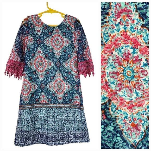 Rare Editions Girls Navy Lace Overlay Medallion Print Colorful Shift Dress Sz 6 - Picture 1 of 11